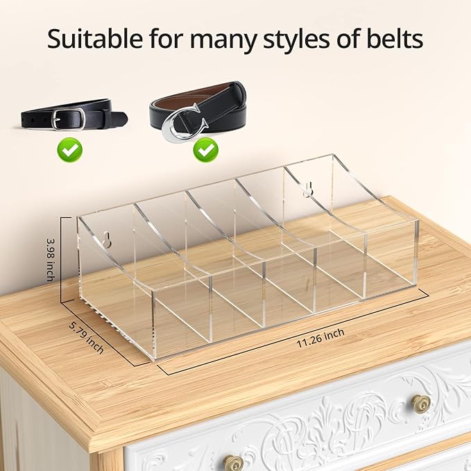 Belt Organizer, Acrylic Belt Storage Holder for The Closet and Drawer, 5 Compartments Belt Container Clear Display Case for Tie and Bow Tie