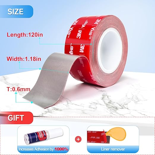 Double Sided Tape Heavy Duty 0.6mm, Made of 3M, Strong Foam Adhesive Mounting Tape, Waterproof and High Temp Resistant, Ideal for Home Decor, Car Accessories, Spoilers 1.18 in X 10 FT