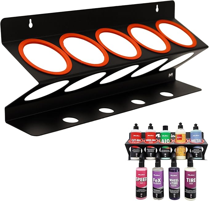 Maxshine Universal Detailing Spray Bottle Holder – Mobile Detailing & Car Garage Organizer, Holds 5 Bottles (16oz) with 4 Small Holes – Lightweight Design, Easy Wall Mounting
