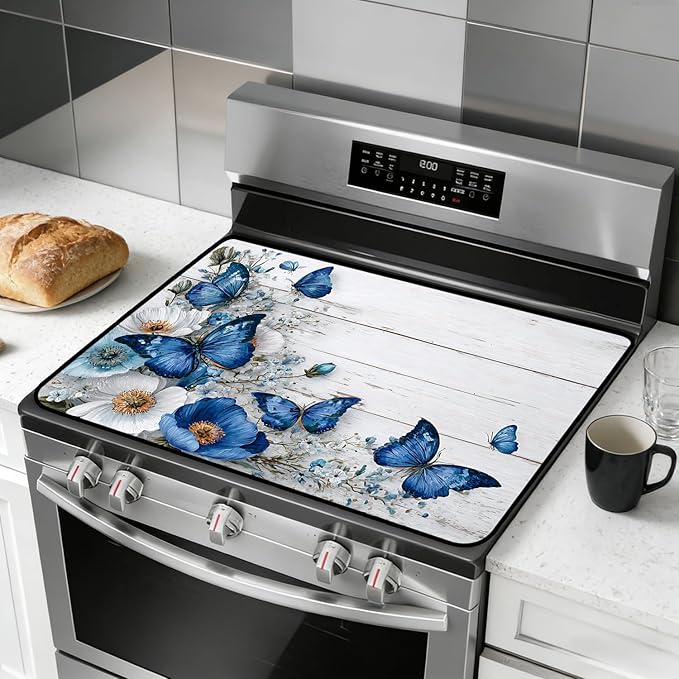 Glass Stove Top Covers for Electric Stove, Heat Resistant Counter Protector Mat, Non Slip Waterproof Surface Cover for Kitchen Counter and Cooktop (Blue Butterfly, 28"L x 20"W)