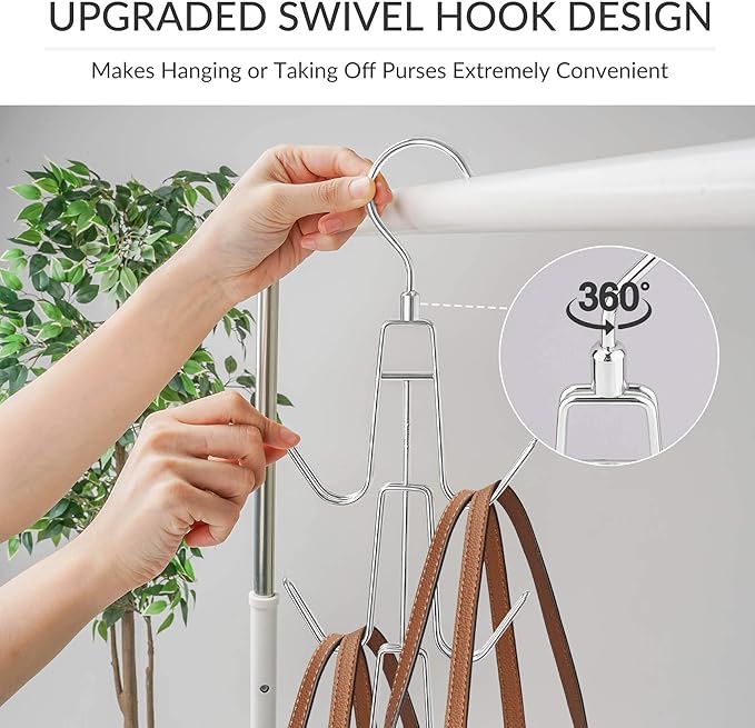ZEDODIER Purse Organizer for Closet, 2 Pack Purse Hanger with 12 Hooks, Space Saving Handbag Organizer Bag Holder Backpack Rack Holds Multiple Purses, Metal Closet Organizers and Storage, Silver