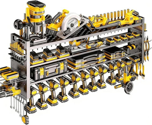 49" W Super Large Power Tool Organizer Wall Mount,Heavy Duty Cordless Tool Organizer with 14 Drill Holder,450 Lbs Capacity 4-Layer Garage Organization for Garage and Workshop (Black)