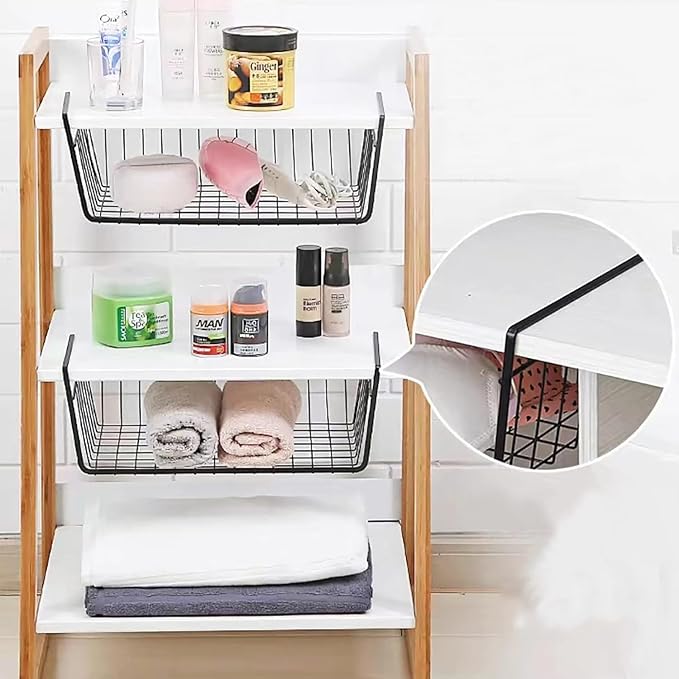 6 PACK Hanging Under Shelf Storage Basket Kitchen Cabinet Organizer Storage, Slides Under Wire Shelves for Counter Pantry Desk Bookshelf, Black