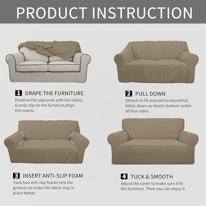 Easy-Going Stretch Sofa Slipcover 1-Piece Sofa Cover Furniture Protector Couch Soft with Elastic Bottom for Kids, Polyester Spandex Jacquard Fabric Small Checks (Sofa, Natural)