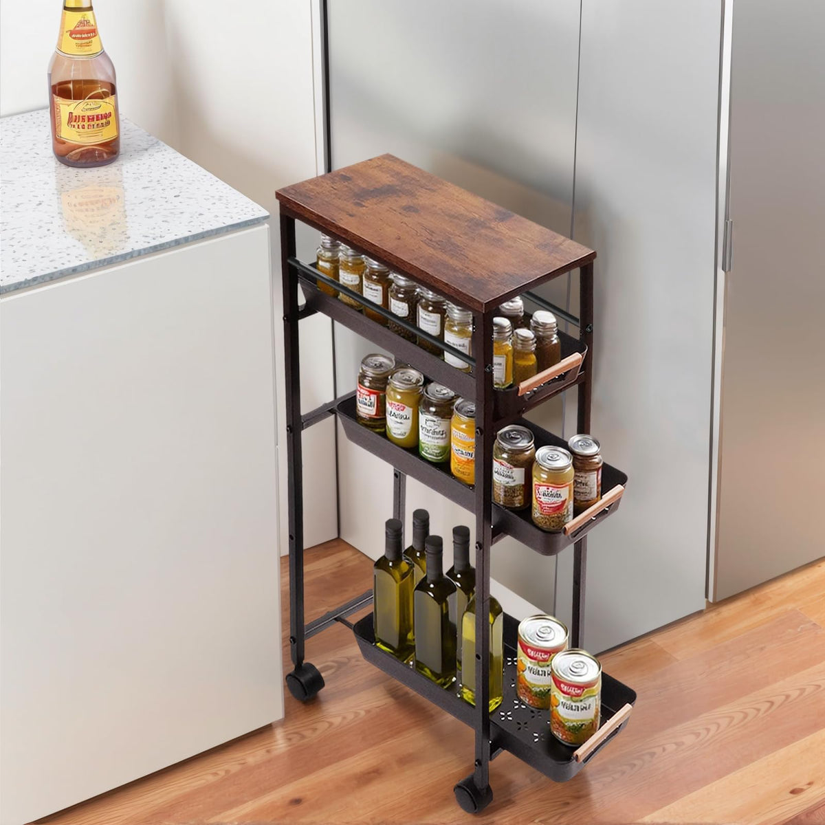 5 Tier Narrow Slim Rolling Cart Wood Top Storage Cart Black - Image 1