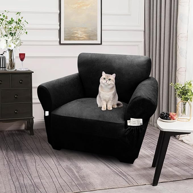 Single Sofa Cover Leather Look Chair Covers for Living Room 1-Piece Sofa Chair Covers with Arms Stretch Furniture Protector with Elastic Bottom & Pockets(Armchair, Black)