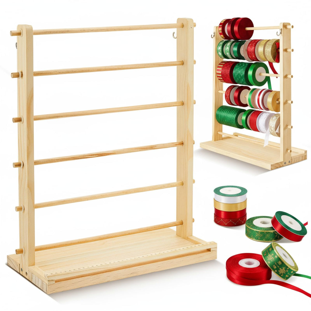 6 Tier Wooden Ribbon Organizer Ribbon Holder for Craft Room Gift - Image 1