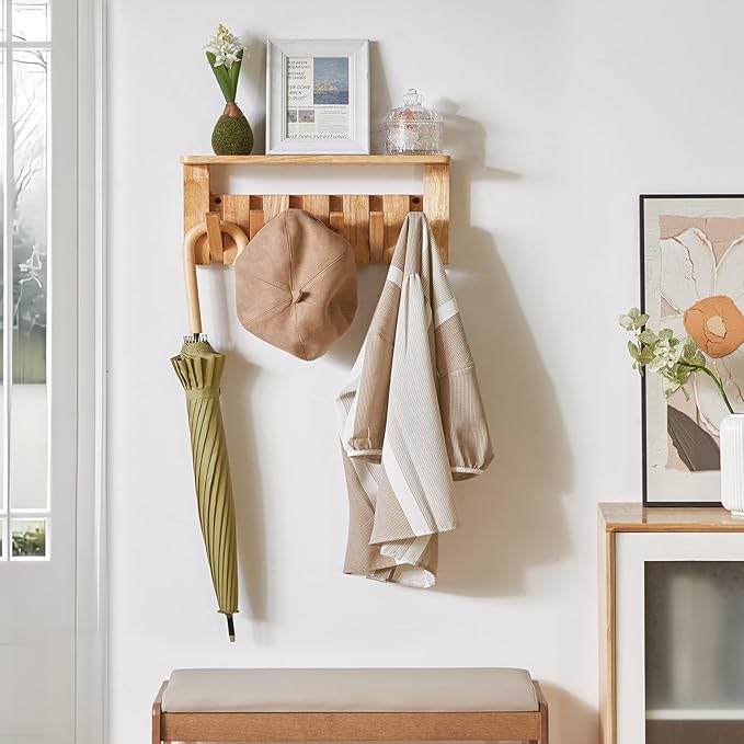 YMYNY Coat Rack Wall Mount with Shelf, Wall Shelf with Retractable Hooks, Wooden Wall Coat Rack for Hanging Clothes/Coats/Keys/Hats/Towels/Bags, Natural, HWS008N