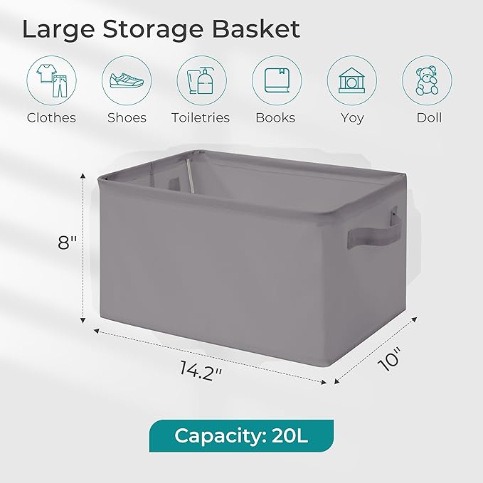 Storage Basket Bins with Metal Frame, Large Collapsible Fabric Storage Baskets for Organizing Shelf, Basket Organizer W/Handles for Towels, Laundry, Office, Home, 4-Pack, Grey