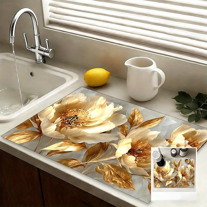 Stove Top Covers for Electric Stove, Stain-Resistant Cooktop Pad, Wipeable Range Cover, Non-Slip Counter Mat, 28.3 x 20.5 Inches, Elegant Gold Floral Decor(Peony flower)