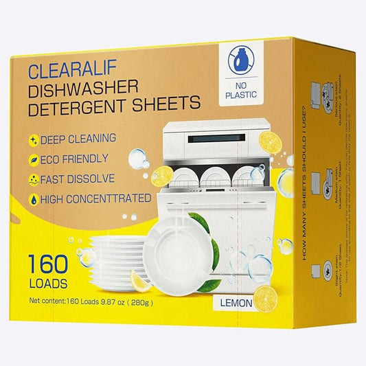 CLEARALIF Dishwasher Detergent Sheets, Lemon Scent, Up To 160 Loads, Eco Dishwashing Soap Strips for in Dishwasher or Sink
