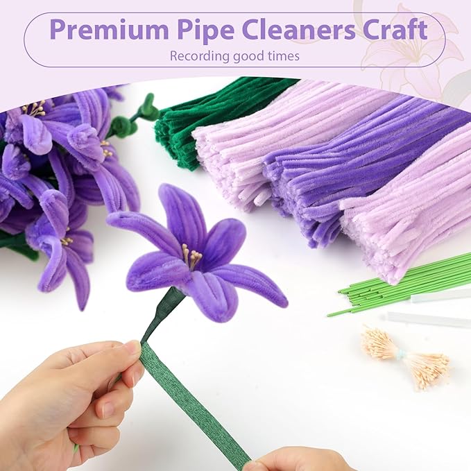 350 Piece Pipe Cleaner Craft, 4 Color Pipe Cleaners Bulk, Chenille Stems for DIY Flower Making Kits with Hot Melt Adhesive, Gardening Tape, Stamens (Purple)
