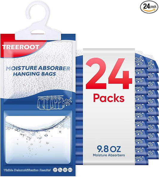 24 Pack Moisture Absorbers for Closet, 9.8OZ Hanging Closet Dehumidifier Bags, Hanging Humidity Absorber in Wardrobes, Kitchens and Bathrooms