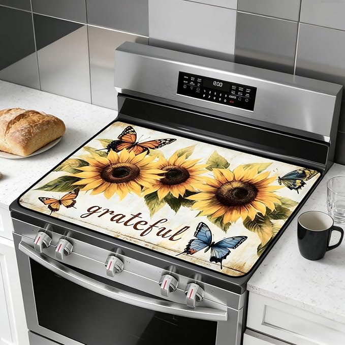 Glass Stove Top Covers for Electric Stove, Heat Resistant Counter Protector Mat, Non Slip Waterproof Surface Cover for Kitchen Counter and Cooktop (Sunflower Blessed, 28"L x 20"W)