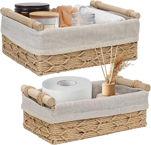Wicker Storage Baskets with Wooden Handle, Decorative Paper Rope Organizer Bins for Home, Bathroom, or Countertop, Small Baskets Set of 2 (Beige)