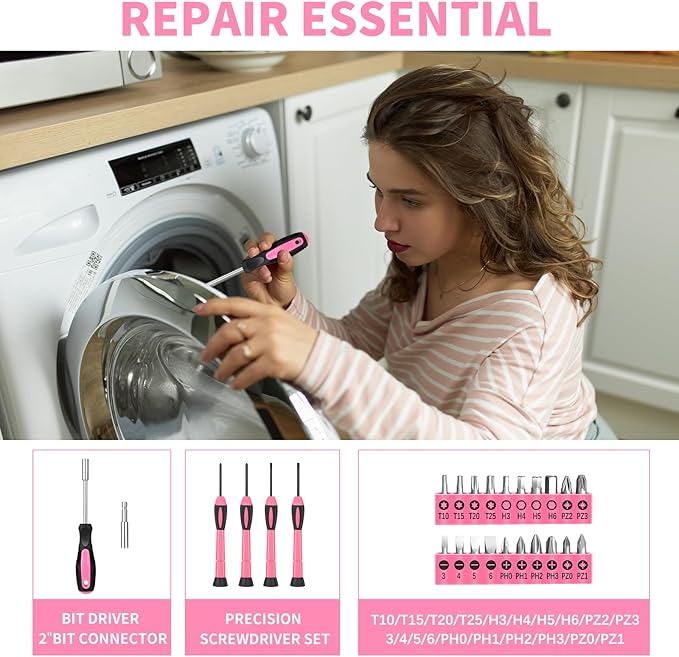 39 Piece Pink Tool Set for Women, All Purpose Household Hand Tool Kit with Plastic Storage Box, Small Tool kit for Home Garage Office College Dorm