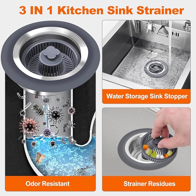 3 in 1 Kitchen Sink Stopper with Strainer Basket, Stainless Steel Anti-Clogging Drain Plug for US Standard 3-1/2" Sink