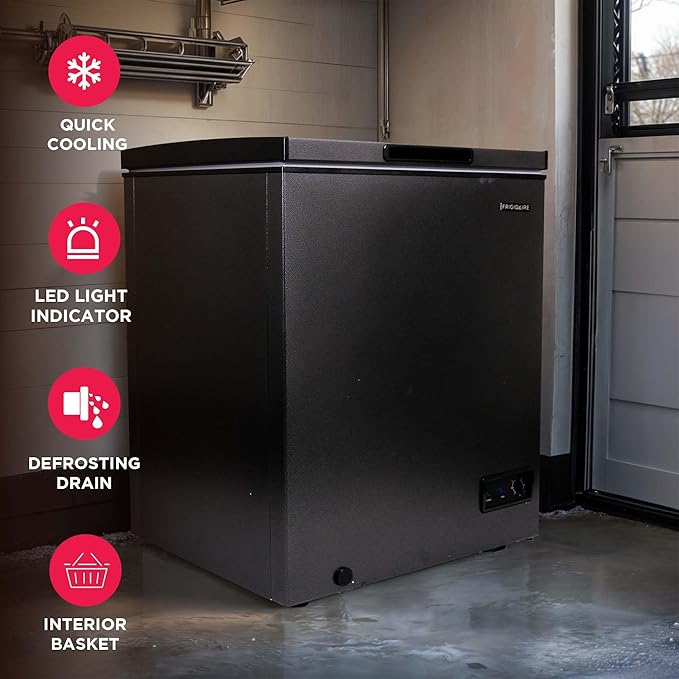 Frigidaire Chest Deep Freezer, 5 Cu. Ft. Capacity, Granita Rugged Design-Adjustable Thermostat-Removable Vinyl Coated Wire Basket-Easy Defrost Drain