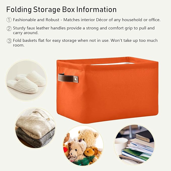 Storage Basket Plain Orange Solid Color Storage Bin Cube with Handles Foldable Storage Baskets for Shelves Living Room Home Decor 1PC