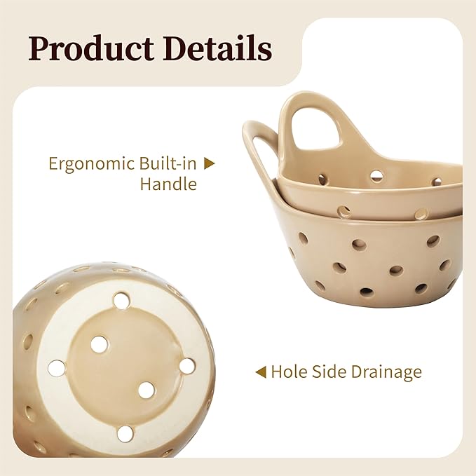 Ceramic Berry Basket Colander Strainer Set of 2 with Comfort Handles for Washing and Serving Fruits (Beige)