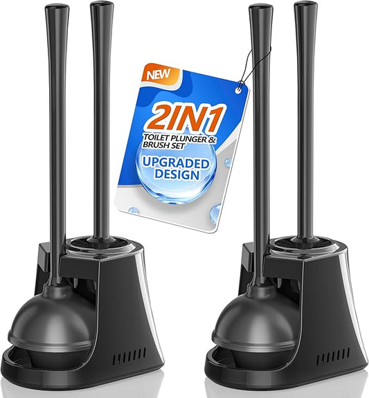 Toilet Plunger and Brush, Bowl Brush and Heavy Duty Toilet Plunger Set with Ventilated Holder, 2-in-1 Toilet Brush and Plunger Combo for Bathroom Cleaning (2, Black)