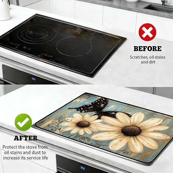 Glass Stove Top Covers for Electric Stove, Heat Resistant Counter Protector Mat, Non Slip Waterproof Surface Cover for Kitchen Counter and Cooktop (Daisy Butterfly, 28"L x 20"W)