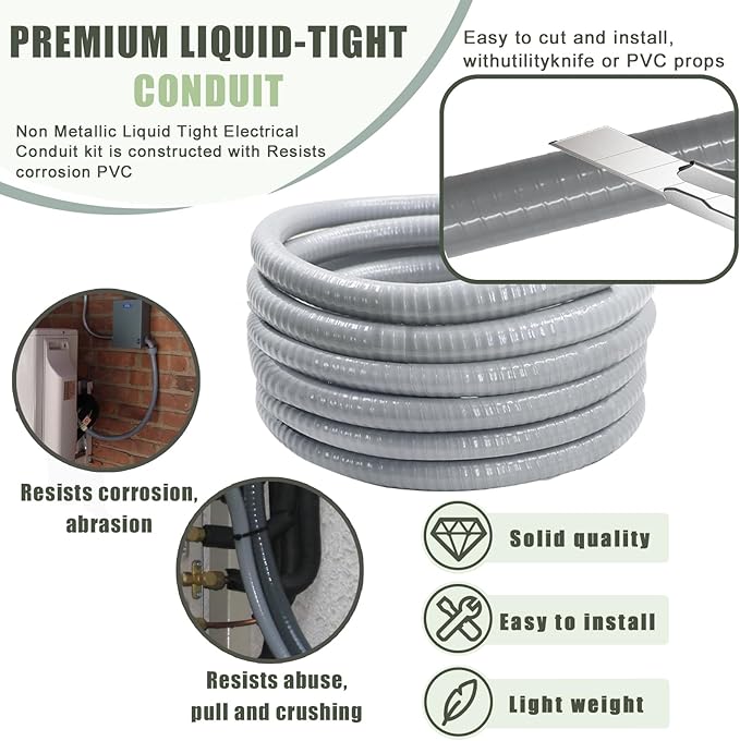 Liquid-Tight Conduit and Connector Kit - 1/2 Inch 100 FT Non Metallic Liquid Tight Electrical Conduit with 5 Straight and 5 Angle Fittings