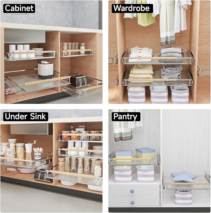 1Pack Expandable Pull Out Cabinet Organizer, Slide Out Drawers for Kitchen Cabinets, Heavy Duty Drawer Slides for Home Kitchen Pantry Cupboard Pots Pans, Adjustable Width 17.1"~28.1" W x 22.5''D