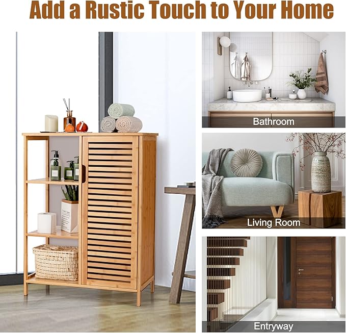 Tangkula Bamboo Bathroom Floor Cabinet, Storage Cabinet with Shutter Door and 3 Tier Shelves, Freestanding Bathroom Cabinet for Living Room Kitchen Hallway, Natural
