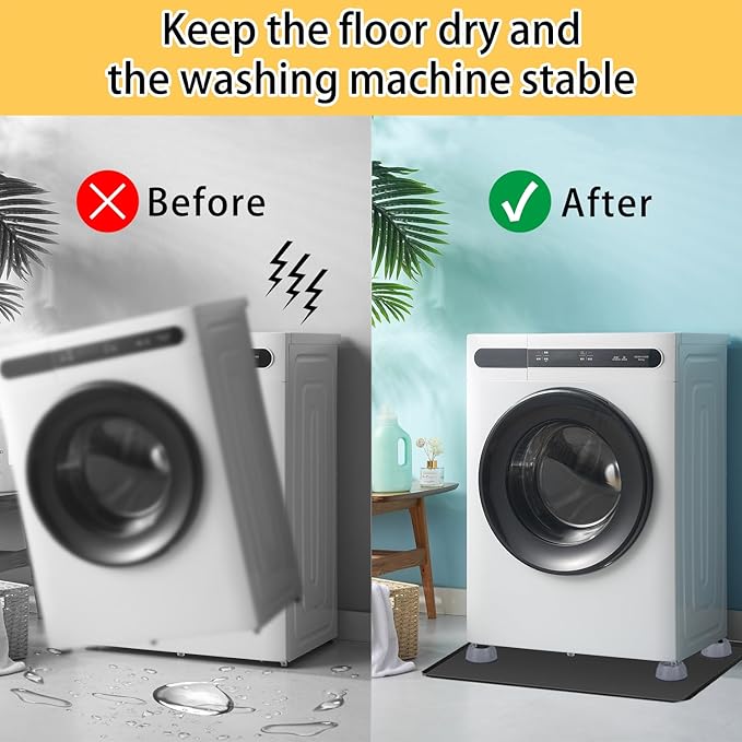 Large Washing Machine Drain Pan 33"x30" with 4 Anti-Vibration Foot Pads – Washer Tray,Non-Slip, Waterproof, Laundry Appliance Floor protection Set –Noise Reduction Leak Prevention -Soft Silicone Mat