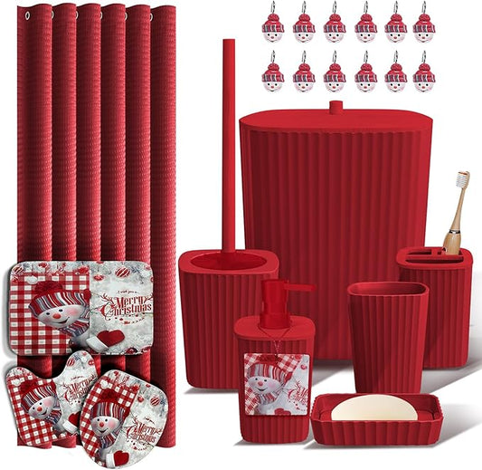 Clara Clark Christmas Bathroom Accessory Set - 22PC, Complete Set + Bath Rugs, Modern, Red & White, Polyester