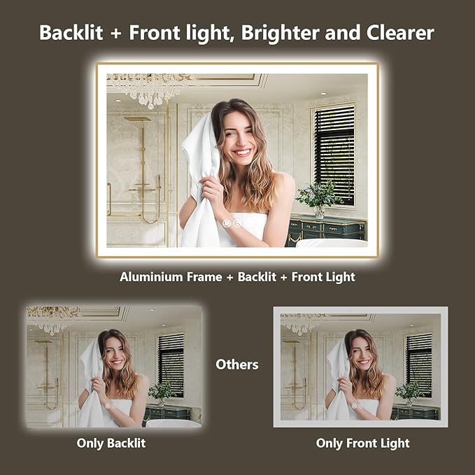 60x38 Inch LED Bathroom Mirror with Lights (Front Lit and Backlit) Gold Framed Lighted Vanity Mirror for Bathroom Wall Dimmable Anti-Fog Memory Tempered Glass Horizontal/Vertical