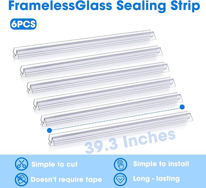 39 inch Shower Door Bottom Seal, 6 Pack Frameless Glass Shower Door Sweep Strip for 3/8'' Glass Stop Shower Leaks and Create a Water Barrier