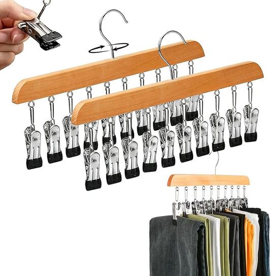 Closet Organizer with 10 Clips - Space Saving Hanging Closet Organizer, 2026 Upgraded Legging Hangers for Closet, 360° Rotating Metal Clips with Silicone Lining for Clothes (Wood, 2PCS)