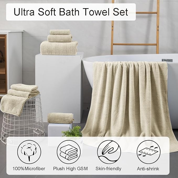 Oliven 4 Pcs Camel Large Bath Towel Set 35"x70" Extra Large Bath Sheets Oversized Jumbo Towels for Bathroom 600GSM Soft Highly Absorbent Quick Dry Beach Chair Towel Woven Towels for Hotel and Spa