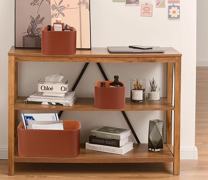 Faux Leather Storage Baskets — Set of 3, Brown