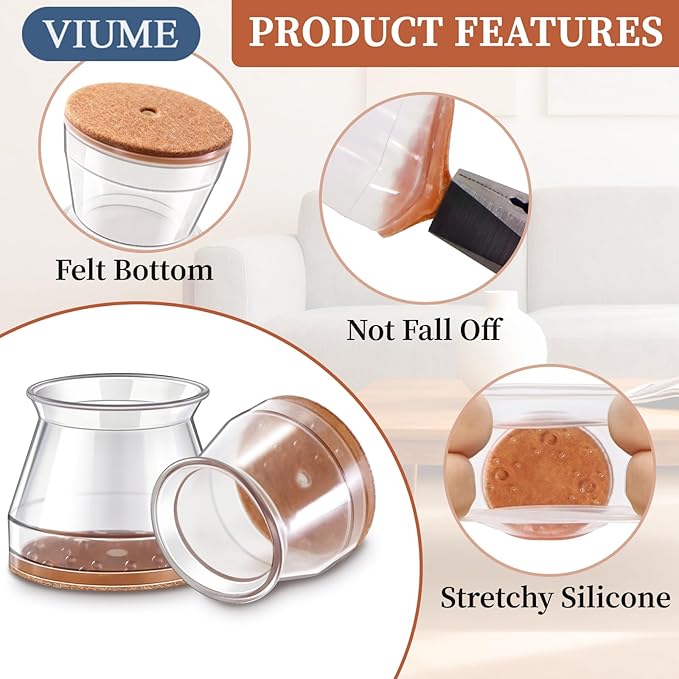 24 Pcs Chair Leg Floor Protectors for Hardwood Floors Silicone Covers Felt Pads Furniture Leg Caps Anti-Scratch Reduce Noise Fit (1-5/16" to 2")
