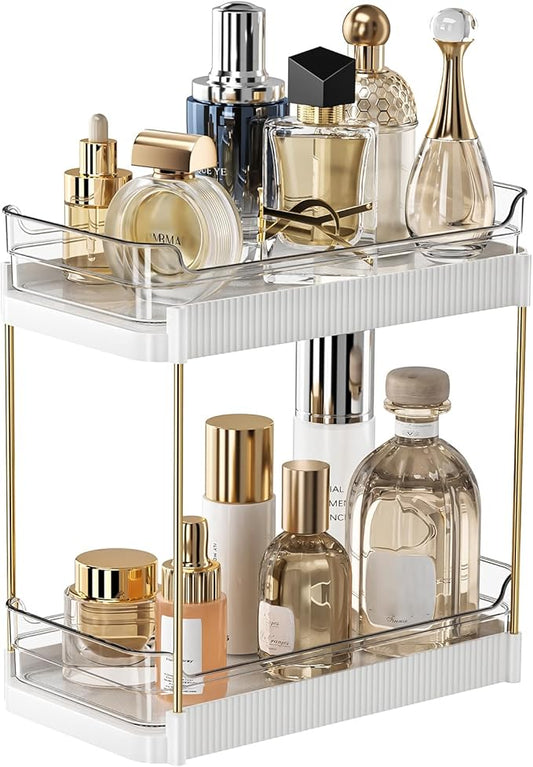 2 Tier Bathroom Counter Organizer, Removable Clear Tray Vanity Shelf for Makeup, Perfume, Skincare,Slide out Cosmetics Countertop Storage Rack for Bathroom Dresser，White