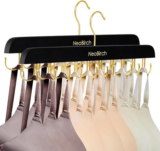 Bra Hanger for Closet Organizers and Storage | Space Saving Wooden Hanger | 20 Steel Hooks for Tank Tops, Camis, Hats, Lingeries, Belts, Ties, Scarfs Holder| 360° Rotating Non-Slip (1, 2 Pack Black)