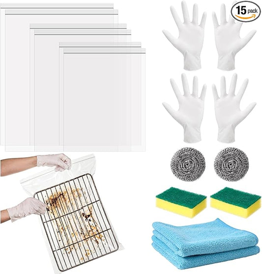 Oven Rack Cleaner Bags Kit Heavy Duty Reusable Oven Rack Soaking Cleaner Bags in 3 Sizes with Gloves Steel Wool Sponges Cleaning Cloths for Deep Degreasing Household Maintenance