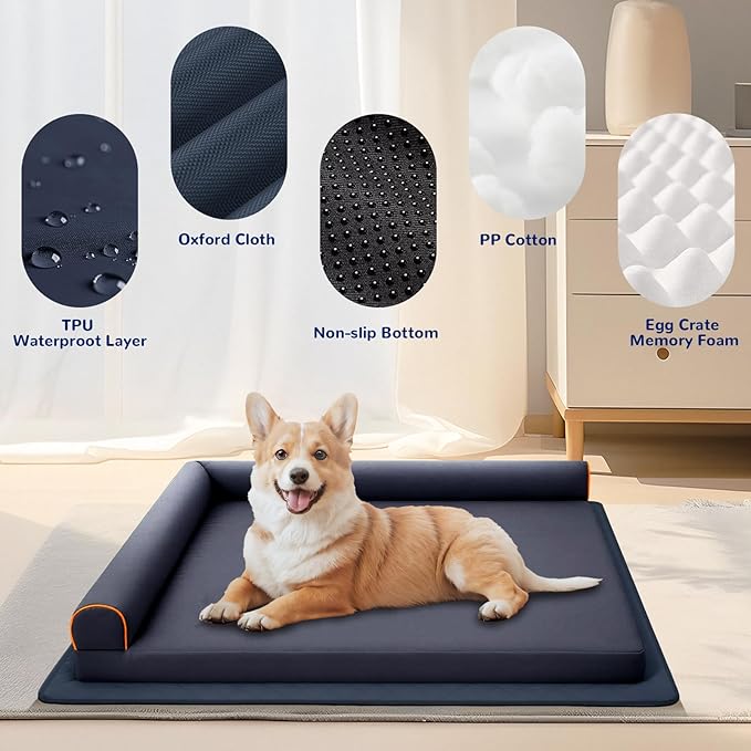 Dog Bed Small Chew Proof Puppy Bed Memory Foam Orthopedic Pet Beds with Anti-Slip Mat Washable Pet Couch Waterproof (Blue)
