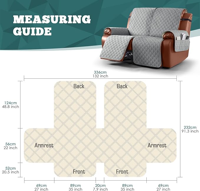 Ruaozz Waterproof Recliner Sofa Covers, 1-Piece Reclining Couch Covers Non-Slip Sofa Slipcover Washable Furniture Protector with Elastic Straps Pocket for Kids Pets (Light Grey, XL 2 Seater)
