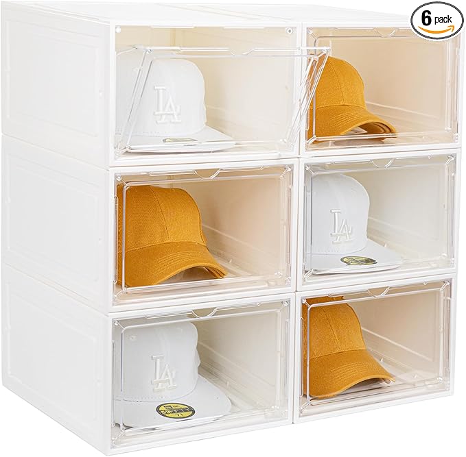 6 Pack Hat Organizer Box, Stackable Clear Baseball Caps Holder Box Containers with Magnetic Door for Hats Snapback Cap Storag, Hat Rack Display Case, Holds 8 Hats Each (White)