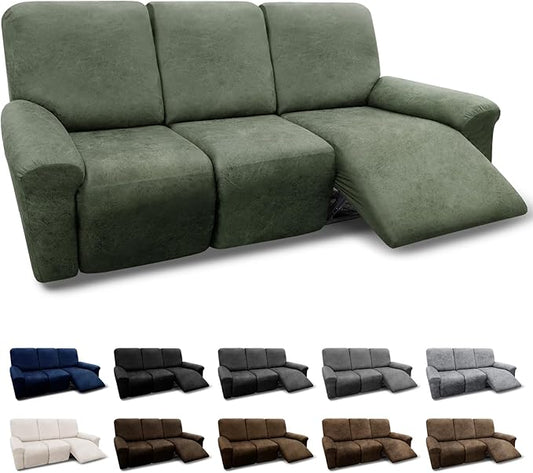 Couch Cover 8-Pieces Sofa Covers Washable Recliner Sofa Covers 3 Seater Leather Look Recliner Slipcovers with Pockets Spandex Fabric Furniture Covers(Recliner Sofa, Army Green)