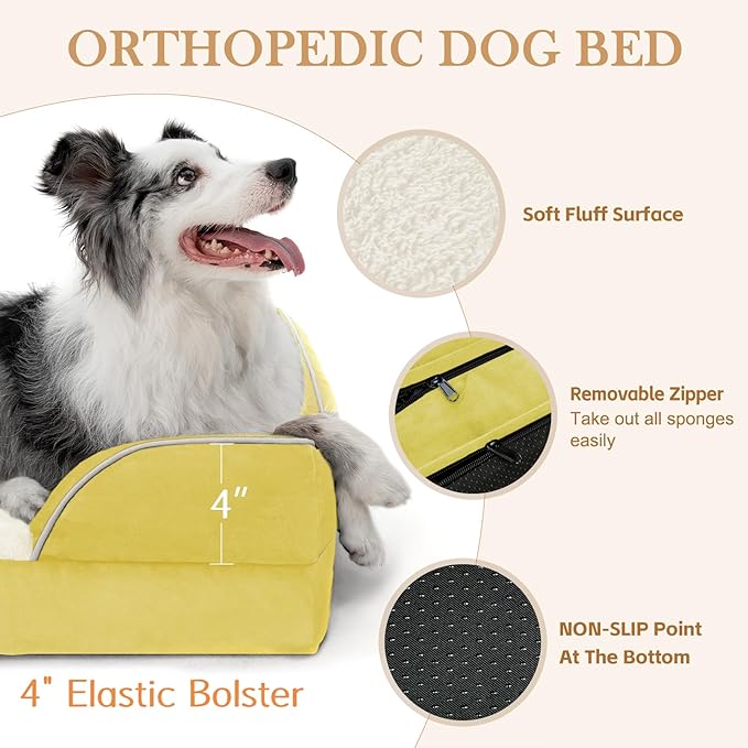 Comfort Expression Orthopedic Dog Bed for Medium Dogs 30x20 Inch, Waterproof Egg Crate Foam Medium Pet Bed with Removable Bolsters, Dog Couch with Washable Cover & Non-Slip Bottom, Spicy Mustard