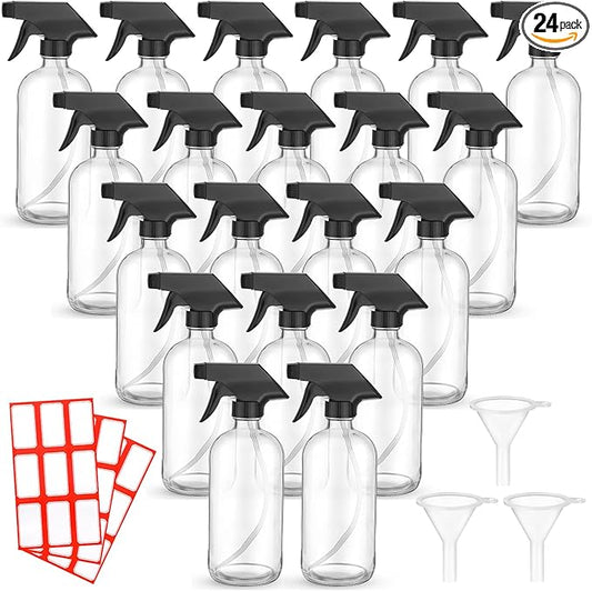 Norme 24 Pcs Glass Spray Bottles with Funnels and Labels 8 oz Refillable Cosmetic Empty Spray Containers with Trigger Squirt Containers for Essential Oil Cleaning Solutions(Clear)