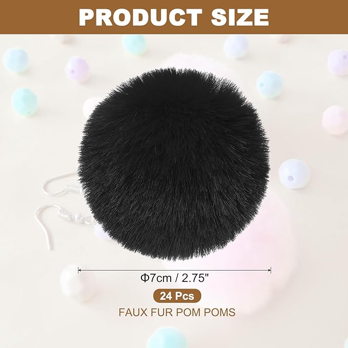 PATIKIL Faux Fur Pom Poms for Hats, 24 Pcs Fluffy Soft Fur Poms Balls with Elastic Loop for Keychain Knitting Hats DIY Scarves Gloves Bag Christmas, Black