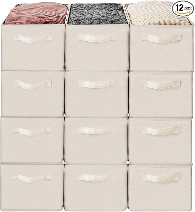 Storage Basket Bins with Metal Frame, Large Collapsible Fabric Storage Baskets for Organizing Shelf, Basket Organizer W/Handles for Towels, Laundry, Office, Home, 12-Pack, Beige