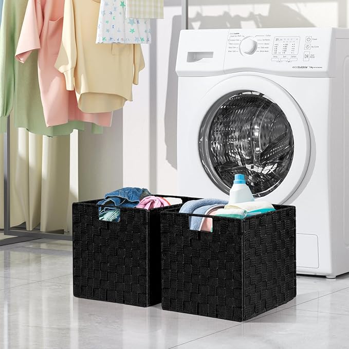 2-Pack Collapsible Ribbon Woven Storage Bins with Metal Structure, Shelf Basket, Pantry Organizer, Home Decorative Utility Cubes (11 x 11 x 11 in, Black)