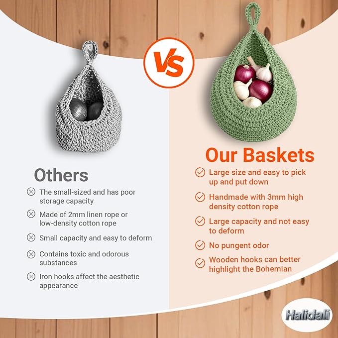 Halidali Hanging Fruit Baskets for Kitchen, 3 Pack Boho Cotton Rope Handwoven Vegetable Storage Wall Mounted Large Organizing Basket for Farmhouse Decor, Onion, Potato, Garlic and Plants (Green)